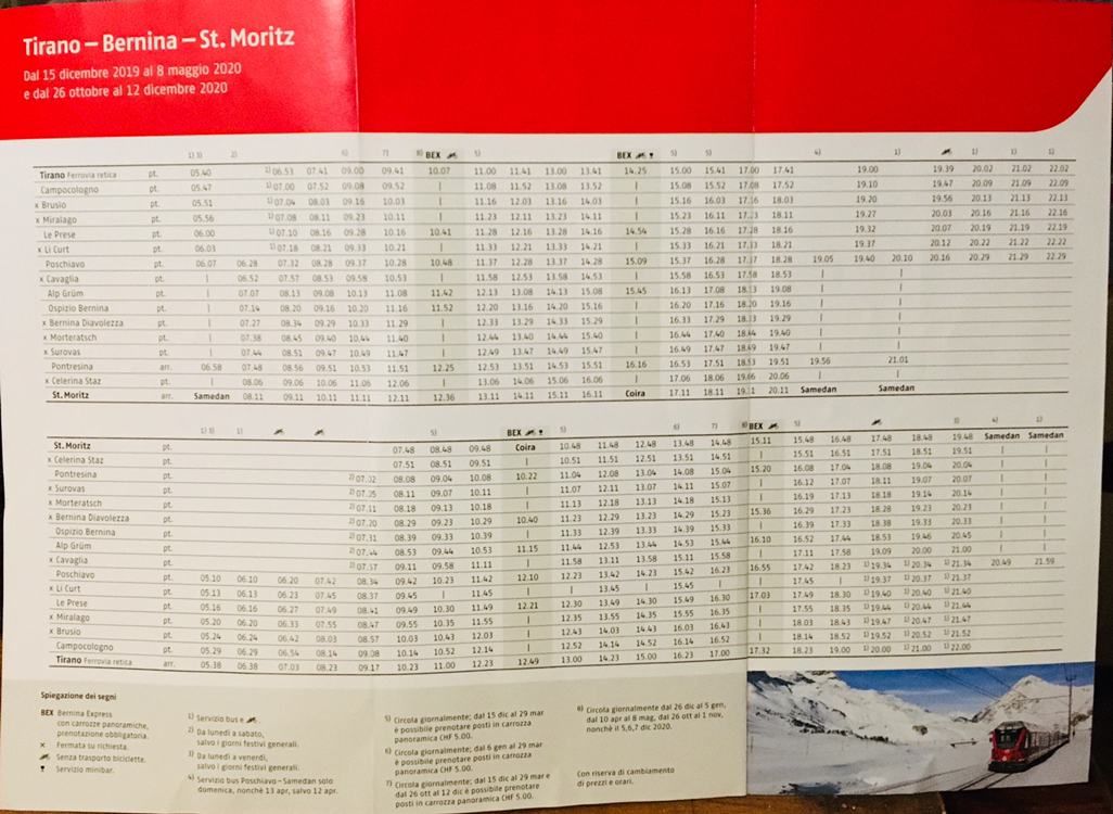 レーティッシュ鉄道ベルニナ線時刻表・2024年 - Tirano～ティラーノ